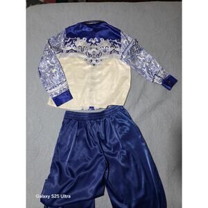Elegant Blue & White Patterned 2 Piece Set  Trousers & Shirt  L
